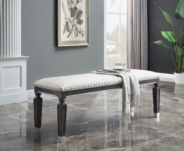 ACME House Beatrice Bench, Two Tone Beige Fabric, Charcoal & Light Gray Finish 28817