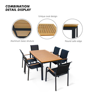Otis Outdoor Dining Set, Luxury Faux Wood Tabletop & Arm-rest Commercial Grade Powder-Coasted Aluminum Base, 7 Pieces Outdoor Dining Set