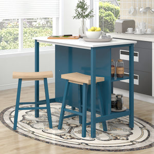 TOPMAX Farmhouse 3-piece Wood Stationary Kitchen Island Set with 2 Seatings, Dining Table Set with  Shelves and Wine Rack for Small Places,Blue Frame+White Top