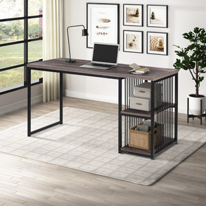 Home Office Computer Desk, 55 Inch Writing Desk with 2 Storage Shelves on Left or Right, Stable Metal Frame, Easy Assembly （Brown）