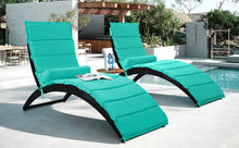 Load image into Gallery viewer, GO Patio Wicker Sun Lounger, PE Rattan Foldable Chaise Lounger with Removable Cushion and Bolster Pillow, Black Wicker and Turquoise Cushion (2 sets)
