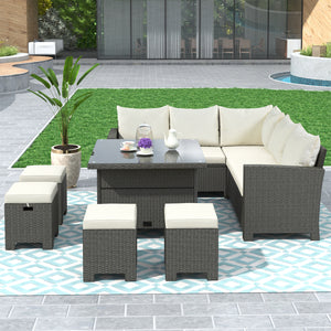 U_STYLE Patio Furniture Set, 8 Piece Outdoor Conversation Set, Dining Table Chair with Ottoman, Cushions