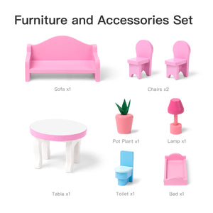 Wooden Dollhouse with Furniture, Doll House Playset for Kids