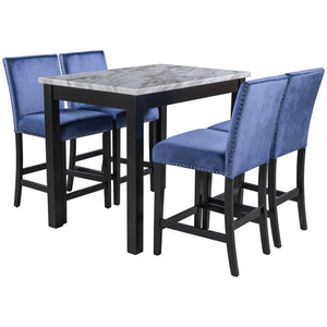 TOPMAX Modern 5-Piece Counter Height Dining Table Set with 4 Upholstered Dining Chairs, Faux Marble White Table+Blue Chairs