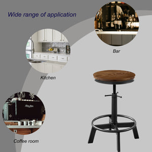 Industrial Adjustable Height Bar Stools Set of 2, 19.7-27.1 Inch Vintage Round Wood and Metal Bar Stools for Kitchen Dining Counter Brown