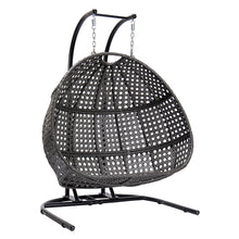 Load image into Gallery viewer, Charcoal Wicker Hanging Double-Seat Swing Chair with Stand w/Dust Blue Cushion
