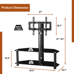Multi-Function Angle And Height Adjustable Tempered Glass Metal Frame Floor TV Stand, LCD TV Bracket Plasma TV Bracket  2 Tier Tempered Glass Shelves For Multiple Media Devices