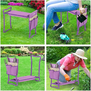 Outdoor 2-in-1 Garden Stool and Kneeler, Garden Kneeler and Seat Folding Kneeling Bench Stool with Tool Pouches Soft EVA Foam for Gardening, Purple