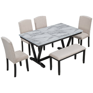 TREXM Modern Style 6-piece Dining Table with 4 Chairs & 1 Bench, Table with Marbled Veneers Tabletop and V-shaped Table Legs (White)