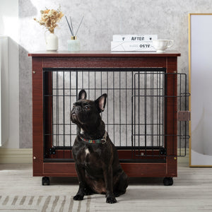 31” Length Furniture Style Pet Dog Crate Cage End Table with Wooden Structure and Iron Wire and Lockable Caters, Medium Dog House Indoor Use.
