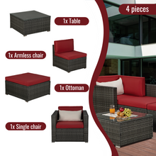 Load image into Gallery viewer, Beefurni Outdoor Garden Patio Furniture 4-Piece Gray PE Rattan Wicker Sectional Red Cushioned Sofa Sets with 1 Beige Pillow
