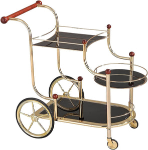 ACME Lacy Serving Cart, Gold Plated, Cherry Wood & Black Glass 98006