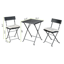 Load image into Gallery viewer, BEEFURNI Patio Black PE Wicker Folding Bistro Set One Table With Two Chairs And Two Beige Cushion
