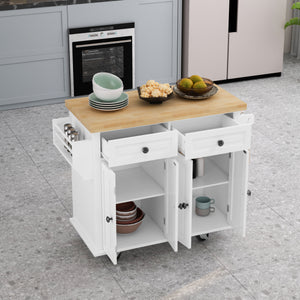 Kitchen Island Cart with Two Storage Cabinets and Two Locking Wheels，43.31 Inch Width，4 Door Cabinet and Two Drawers，Spice Rack, Towel Rack （White）