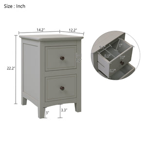 2 Drawers Solid Wood Nightstand End Table, Gray