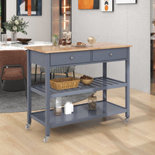 Load image into Gallery viewer, Rolling Kitchen Cart with Solid Wood Top and Locking Wheels，43.3 Inch Width，Two Open Spacious Storage Shelves and Two Drawers，Bamboo Wood Frame （Grey Blue）
