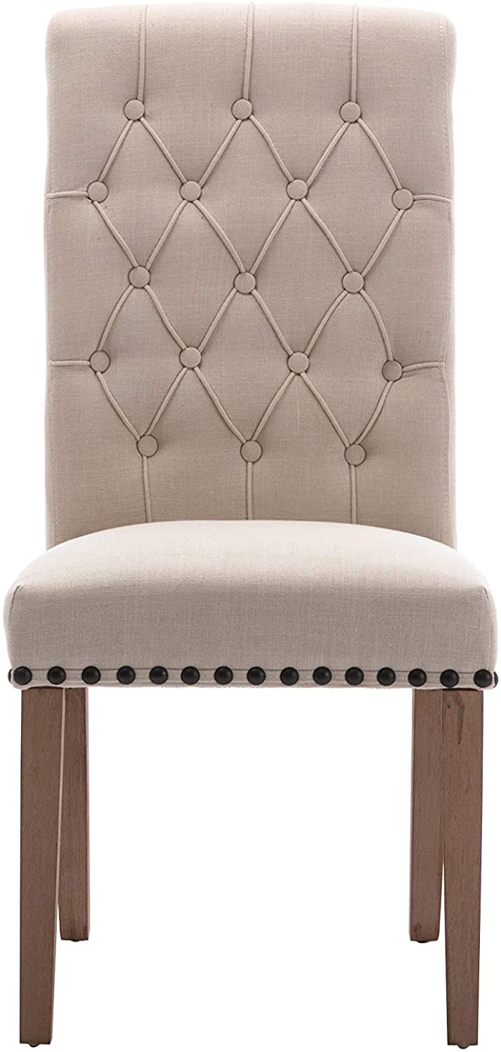 BTExpert Tufted High Back Accent Upholstered Dining Room Chair Wood Nail Trim Linen Beige