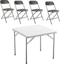 Load image into Gallery viewer, BTExpert 5 Piece Folding Card Table Portable &amp; Chair Set, 34&quot; Square White Granite Plastic Table Portable, 4 Adult Gray Chairs for board games nights gatherings party home indoor outdoor lightweight

