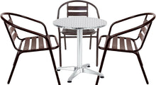 Load image into Gallery viewer, BTExpert Indoor Outdoor 23.75&quot; Round Restaurant Table Stainless Steel Silver Aluminum + 3 Bronze Metal Slat Stack Chairs Commercial Lightweight
