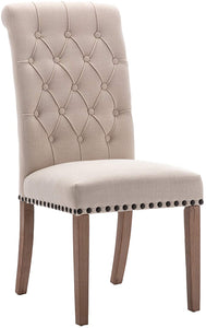 SET OF TWO Tufted High Back Accent Upholstered Padded Dining Room Chairs Side Solid Wood - Nail Trim Linen Beige