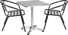 Load image into Gallery viewer, BTExpert Indoor Outdoor 27.5&quot; Square Restaurant Table Stainless Steel Silver Aluminum + 2 Black Metal Slat Stack Chairs Commercial Lightweight
