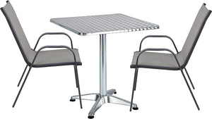 BTExpert Indoor Outdoor 27.5" Square Restaurant Table Stainless Steel Silver Aluminum + 2 Gray Flexible Sling Stack Chairs Commercial Lightweight