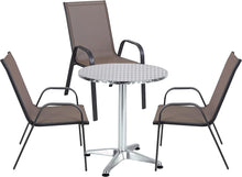 Load image into Gallery viewer, BTExpert Indoor Outdoor 27.5&quot; Round Restaurant Table Stainless Steel Silver Aluminum + 3 Brown Flexible Sling Stack Chairs Commercial Lightweight
