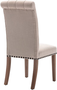 SET OF TWO Tufted High Back Accent Upholstered Padded Dining Room Chairs Side Solid Wood - Nail Trim Linen Beige