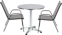Load image into Gallery viewer, BTExpert Indoor Outdoor 27.5&quot; Round Restaurant Table Stainless Steel Silver Aluminum + 2 Gray Flexible Sling Stack Chairs Commercial Lightweight
