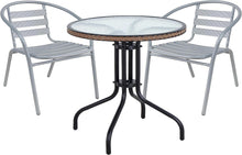 Load image into Gallery viewer, BTExpert Indoor Outdoor 28&quot; Round Tempered Glass Metal Table Brown Rattan Trim + 2 Silver Gray Restaurant Metal Aluminum Slat Stack Chairs Lightweight
