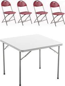 BTExpert 5 Piece Folding Card Table Portable and Chair Set, 34" Square Granite White Plastic Table Portable, 4 Adult floral Red Chairs for board games nights gatherings party home indoor outdoor