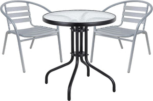 BTExpert Indoor Outdoor 23.75" Round Tempered Glass Metal Table Black + 2 Silver Gray Restaurant Metal Aluminum Slat Stack Chairs Lightweight