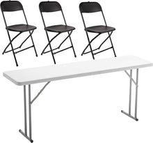 Load image into Gallery viewer, BTExpert 4 Piece Folding seminar Table Portable and Chair Set, 6-Foot long 18&quot; Wide 29&quot; High Training Table Portable &amp; 3 Black Adult Chairs.
