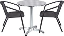 Load image into Gallery viewer, BTExpert Indoor Outdoor 27.5&quot; Round Restaurant Table Stainless Steel Silver Aluminum + 2 Black Restaurant Rattan Stack Chairs Commercial Lightweight
