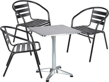 Load image into Gallery viewer, BTExpert Indoor Outdoor 27.5&quot; Square Restaurant Table Stainless Steel Silver Aluminum + 3 Black Metal Slat Stack Chairs Commercial Lightweight
