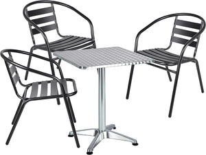 BTExpert Indoor Outdoor 27.5" Square Restaurant Table Stainless Steel Silver Aluminum + 3 Black Metal Slat Stack Chairs Commercial Lightweight