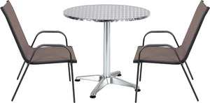 BTExpert Indoor Outdoor 27.5" Round Restaurant Table Stainless Steel Silver Aluminum + 2 Brown Flexible Sling Stack Chairs Commercial Lightweight