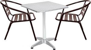 BTExpert Indoor Outdoor 23.75" Square Restaurant Table Stainless Steel Silver Aluminum + 2 Bronze Metal Slat Stack Chairs Commercial Lightweight