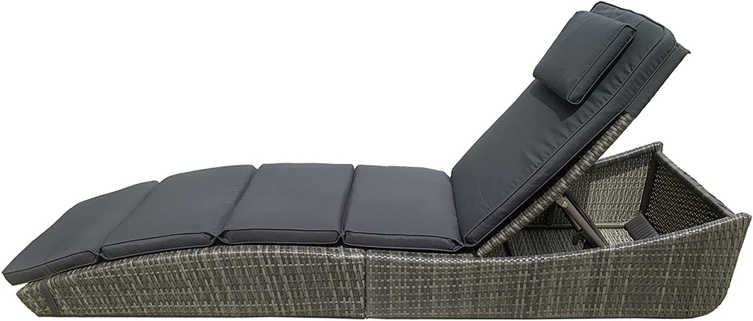 Outdoor Foldable Chaise Pool Lounge Chair Folding Wicker Rattan Sun Bed Patio Couch Reclining Lounger Adjustable Padded Backrest Pillow Grey