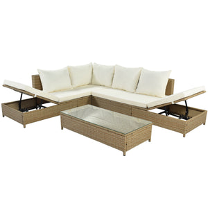 TOPMAX Patio 3-Piece Rattan Sofa Set All Weather PE Wicker Sectional Set with Adjustable Chaise Lounge Frame and Tempered Glass Table, Natural Brown+ Beige Cushion