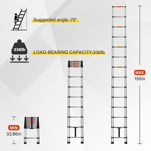 YSSOA Telescoping Ladder 12.5FT Aluminum One-Button Retraction Extension System for Indoor and Outdoor Use, 330lb Load Capacity,Sliver,3.8m/12.5FT,HILADRTELESCOPIC150