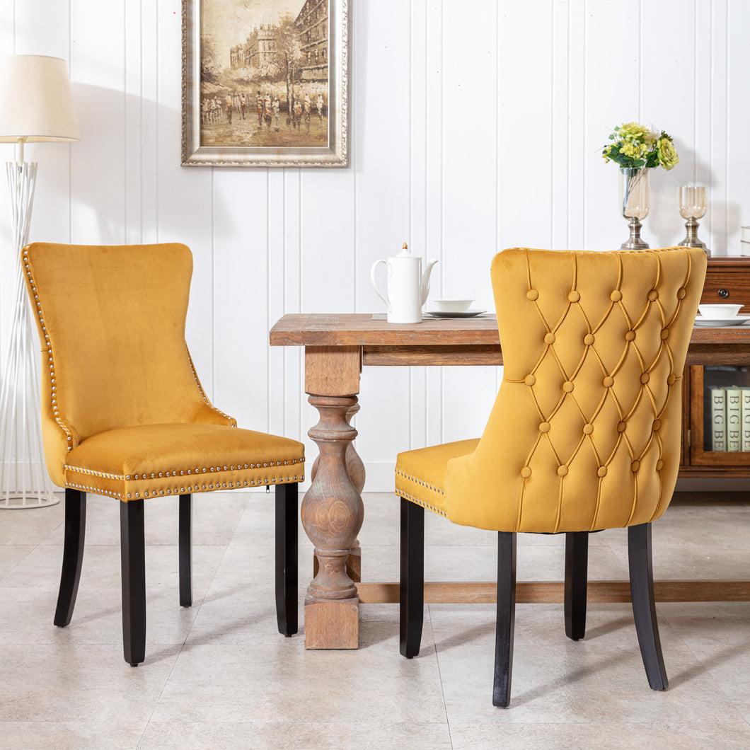 A&A Furniture,Upholstered Wing-Back Dining Chair with Backstitching Nailhead Trim and Solid Wood Legs,Set of 2, Gold