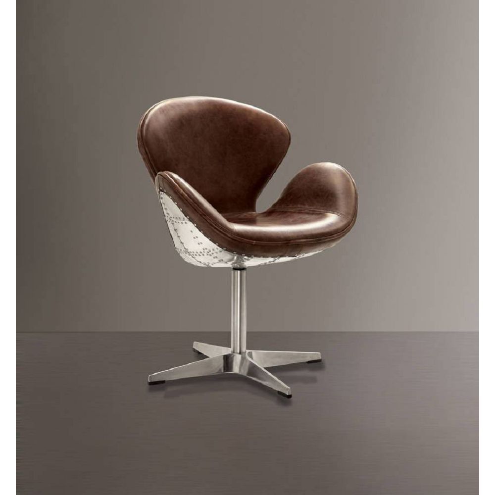 ACME Brancaster Accent Chair (1Pc) in Retro Brown Top Grain Leather & Aluminum 96553