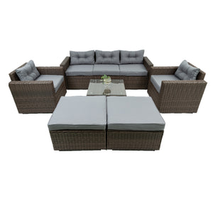 6 Piece Patio Rattan Wicker Outdoor Furniture Conversation Sofa Set with Removeable Cushions and Temper glass TableTop