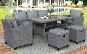 TOPMAX 6-Piece Outdoor Rattan Wicker Set Patio Garden Backyard Sofa, Chair, Stools and Table(Gray Rattan+Gray Cushion)