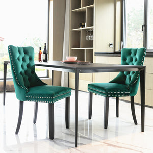 A&A Furniture,Nikki Collection Modern, High-end Tufted Solid Wood Contemporary Velvet Upholstered Dining Chair with Wood Legs Nailhead Trim，  Set of 2，Green