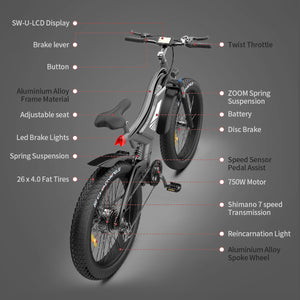 AOSTIRMOTOR 26" 750W Electric Bike Fat Tire 48V 15AH Removable Lithium Battery for Adults S18亚马逊禁售