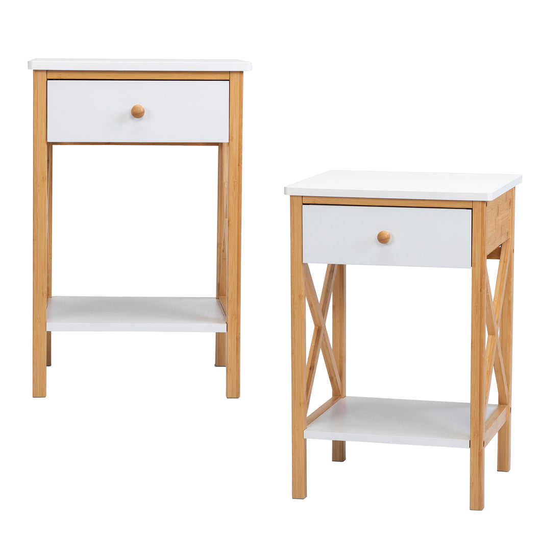 Bamboo Nightstand Set of 2, Wood End Table with Drawer, Storage Shelf, X-Shape Frame, Side Table for Living Rooms, Bedrooms, Offices, White and Natural