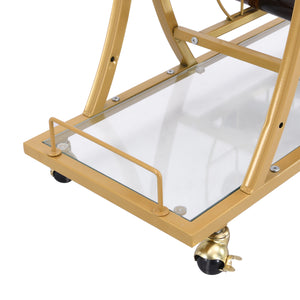 Golden Bar Cart with Wine Rack Tempered Glass Metal Frame Wine Storage