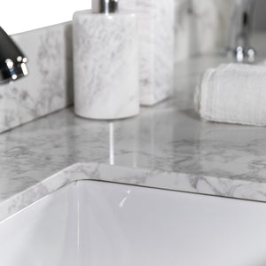 Montary 61‘’x22" bathroom stone vanity top  engineered stone carrara white marble color with double rectangle undermount ceramic sink and single  faucet hole with back splash .